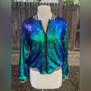 Forever 21 Sequin Bomber Jacket in Blue and Green